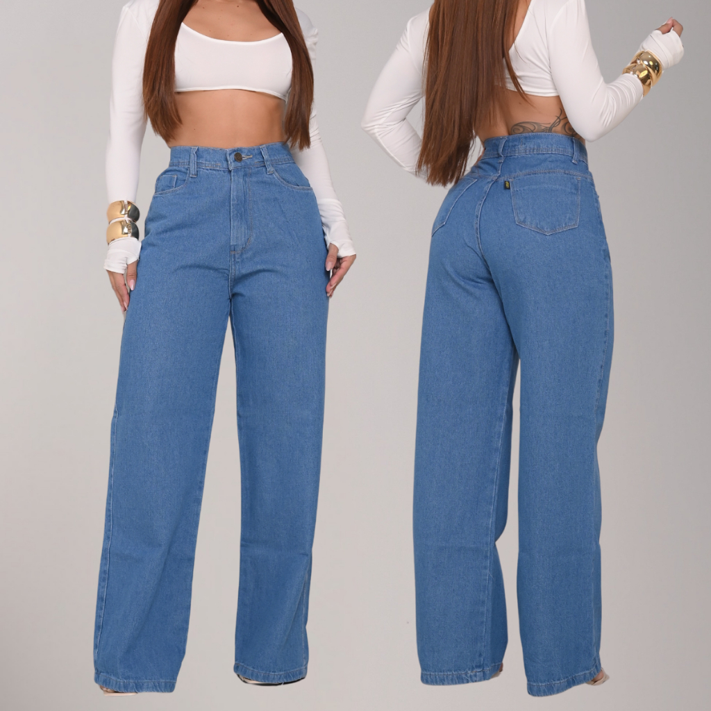 Calça Jeans Feminina Cintura Alta Wide Leg Com Bolso 100% Algodão em Oferta na Shopee