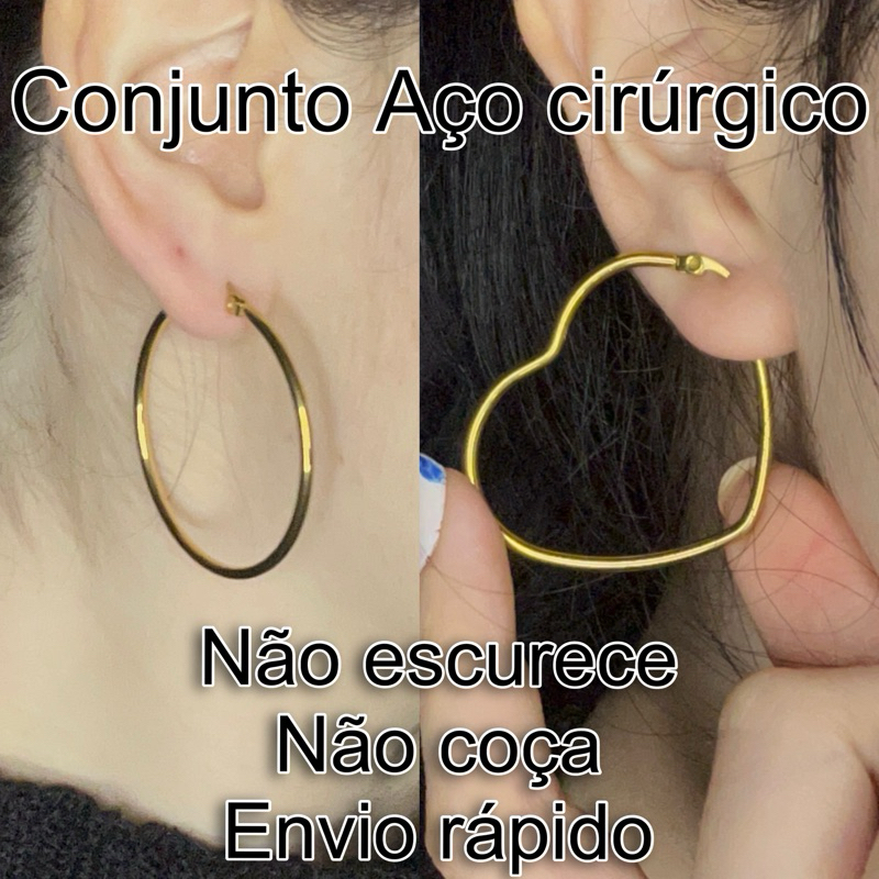 Kit 2 Pares Brincos Femininos Argola Dourada Coração e Redonda Não Escurece Antialérgico