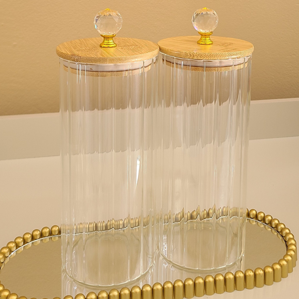 Pote Hermético CANELADO TRANSPARENTE De Vidro  Com Tampa Bambu com CRISTAL Porta Mantimentos para cozinha 1050ML