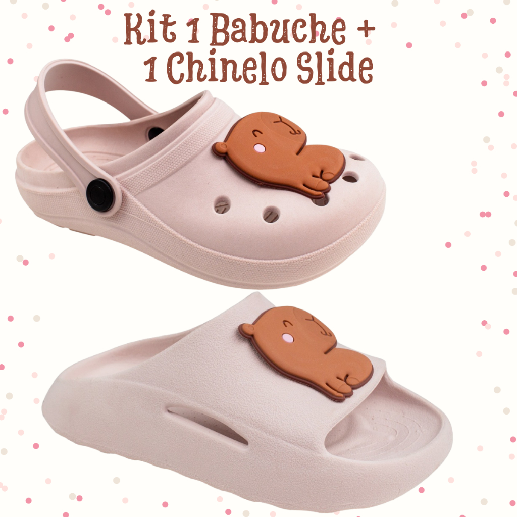 Kit 1 Sandália Babuche Infantil + 1 Chinelo Slide Nuvem Capivara Unissex Confortável Leve Dia a Dia