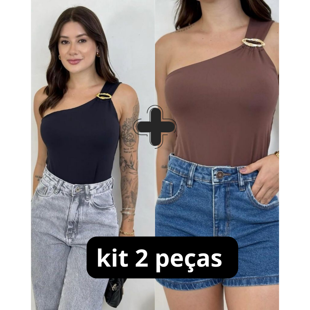 Kit 2 Blusas Feminina Nula Manga Argola Assimetrica Dourada Suplex Elegante Mula Manca em Oferta na Shopee