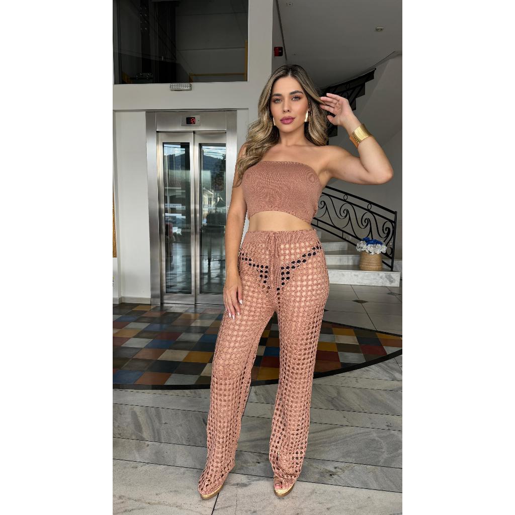 SAÍDA DE PRAIA TOP FAIXA E CALÇA COM CORDÃO AJUSTÁVEL TRICOT MODA VERÃO TRICÔ MODA PRAIA em Oferta na Shopee