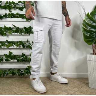 Calça Jogger Cargo Masculina Sarja Slim com Elástico e Cordão em Oferta na Shopee