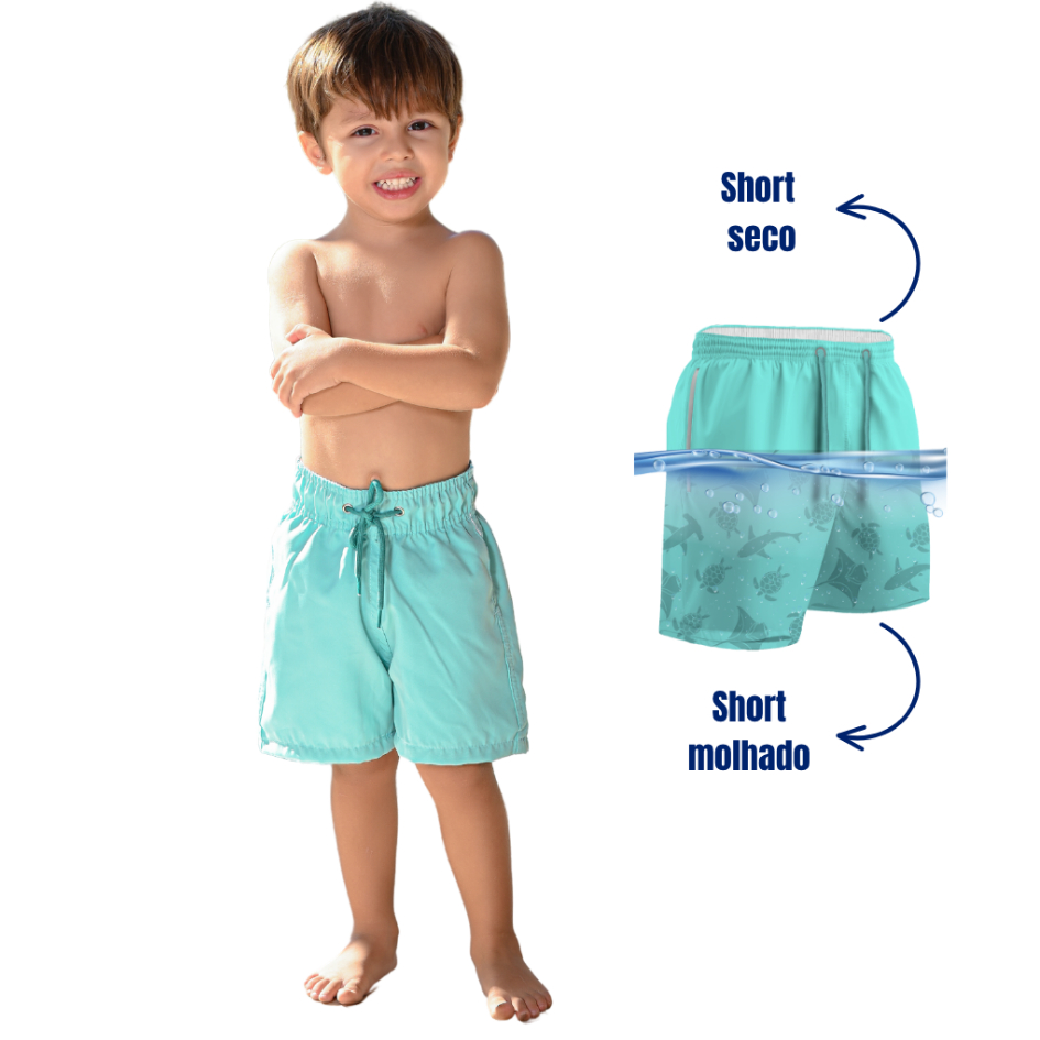 Short Mágico Infantil Masculino Verde Piscina Tactel Premium Secagem Rápida Ajuste Elástico Cordão