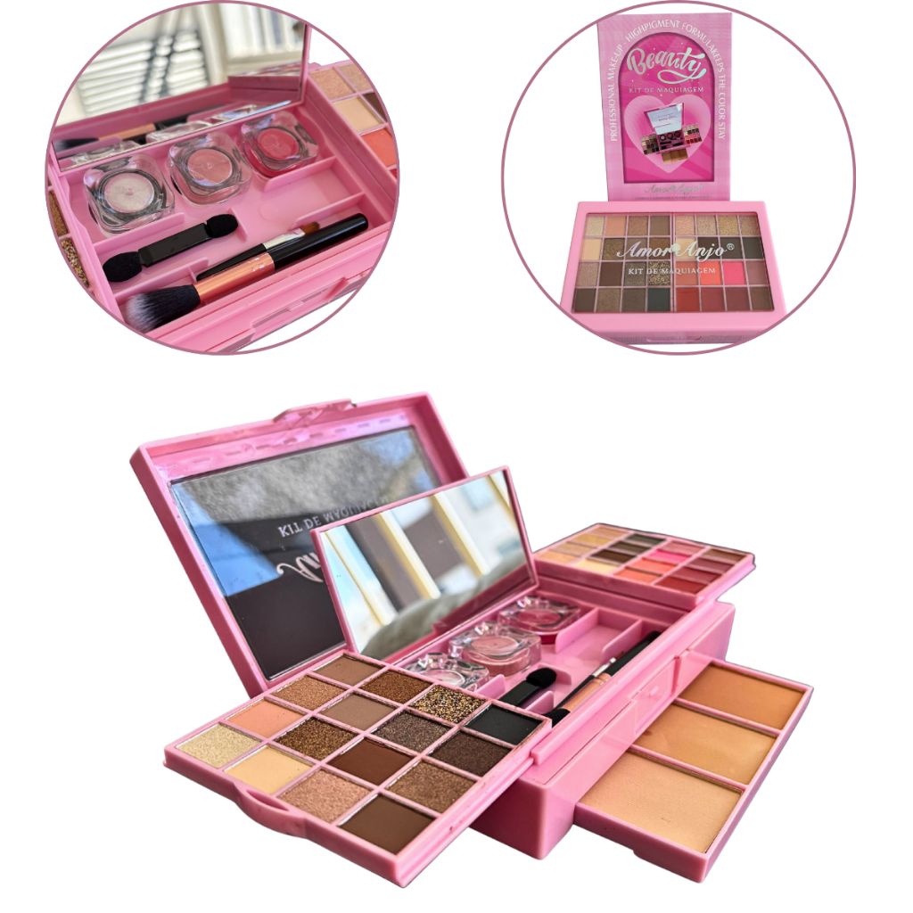Kit de Maquiagem Completo 42 Itens, 24 Sombras, 8 Batons, 3 Pincéis, Espelho, Estojo Rosa