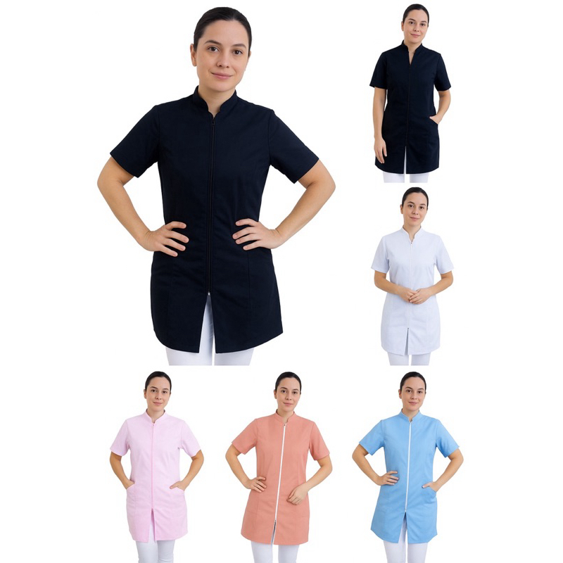 Jaleco Feminino  gabardine Manga Curta Acinturado Com Zíper Gola Padre Várias Cores