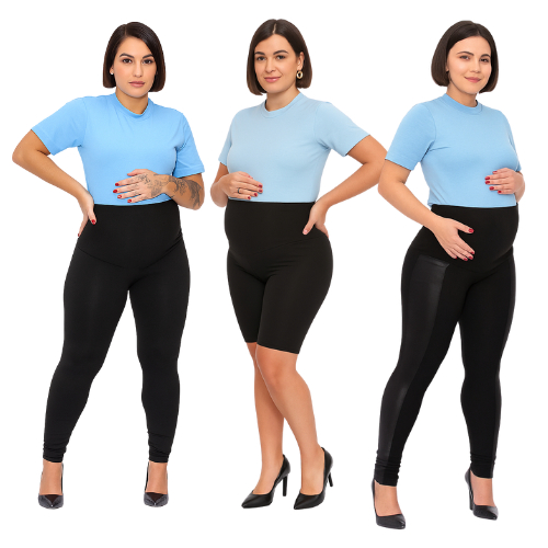 Kit Maternidade com 3 Peças Gestante Bermuda + Calça Montaria + Legging Preta Para Grávida