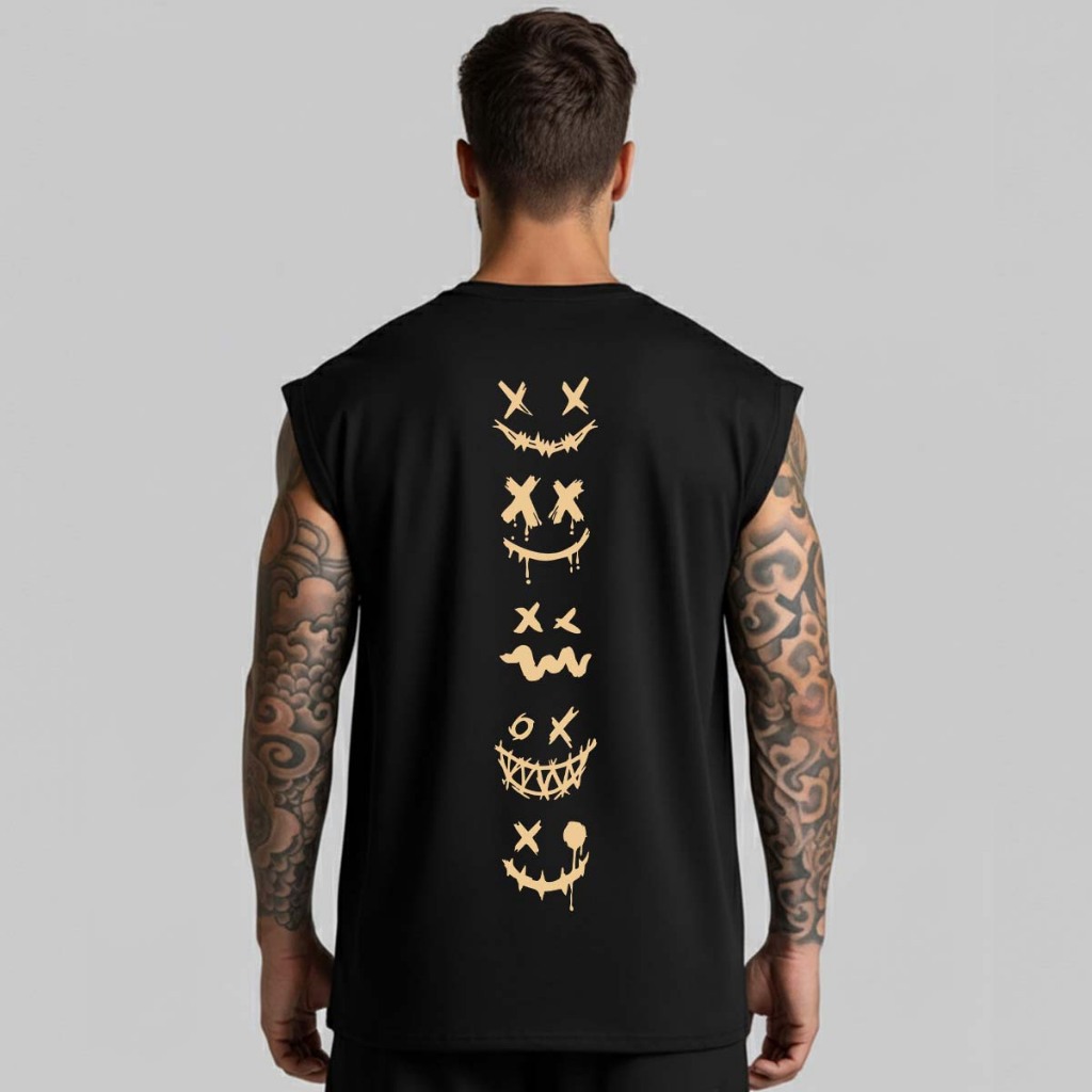 Camiseta Regata Machão Oversized Camisa Rosto Feliz Estampada Streetwear Algodão Cavada Longline