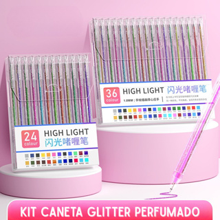 Kit 12/24/36/48 Canetas Gel Coloridas com Glitter Perfumado Tinta Glitter Metal Papelaria em Oferta na Shopee