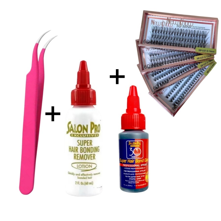 Conjunto NEW SHOW Cílios 30P + Pinça + Cola Salon Pro 30ml + Removedor Salon Pro 60ml - Tufos Sem Nó