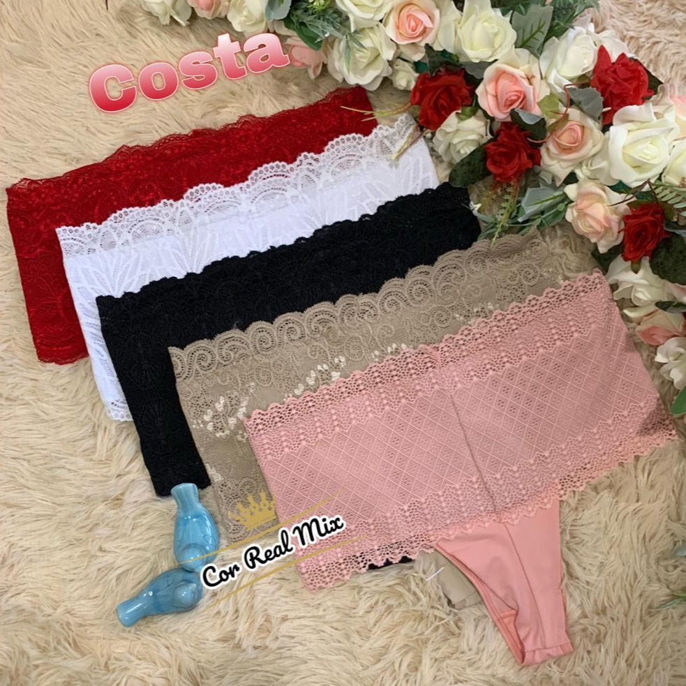 Calcinha Feminina Fio Duplo Cós Alto com Renda | Kits 5/10/20 em Oferta na Shopee