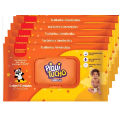 Kit 5 pacotes toalha lenço umedecido Piquitucho Essential 96unidades cada