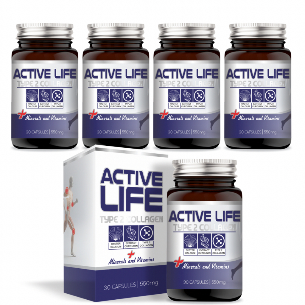 Active Life 10 unidades – Colágeno Tipo 2 + Cálcio + Magnésio+ Cúrcuma - 30 cápsulas (550mg)