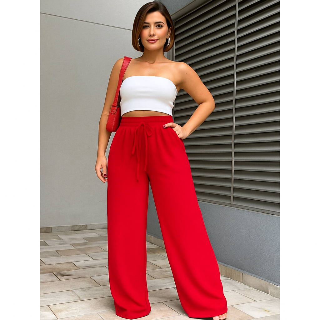 Calça Feminina Pantalona Wide Leg Duna com Bolso e Cintura Alta – Tendência 2025