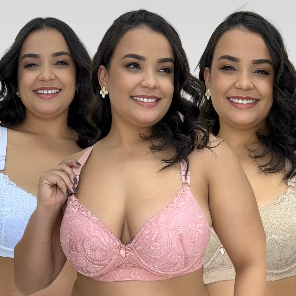 Kit Com 3 Sutiã Reforçado Plus Size Com Bojo e Renda Alta Sustentação Alça Larga em Oferta na Shopee