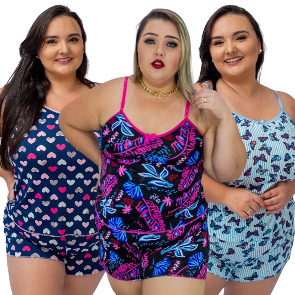 Kit com 3 Baby Doll Plus Size em Poliéster Estampado Feminino Short Doll Extra Grande Linha Noite. em Oferta na Shopee