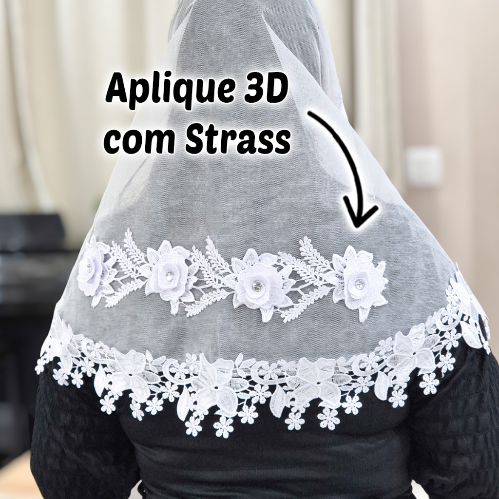 Véu Ccb Congregação Cristã Aplique Floral 3D Com Strass Adulto (mod. Luana)