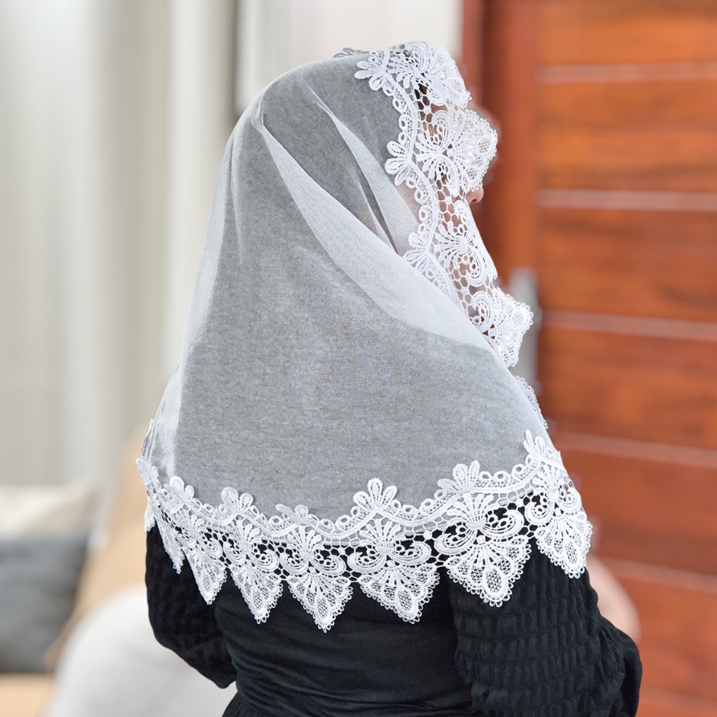 Véu Ccb Adulto Renda Guipir Floral Larga Tule Filó de Algodão (mod. Ester)