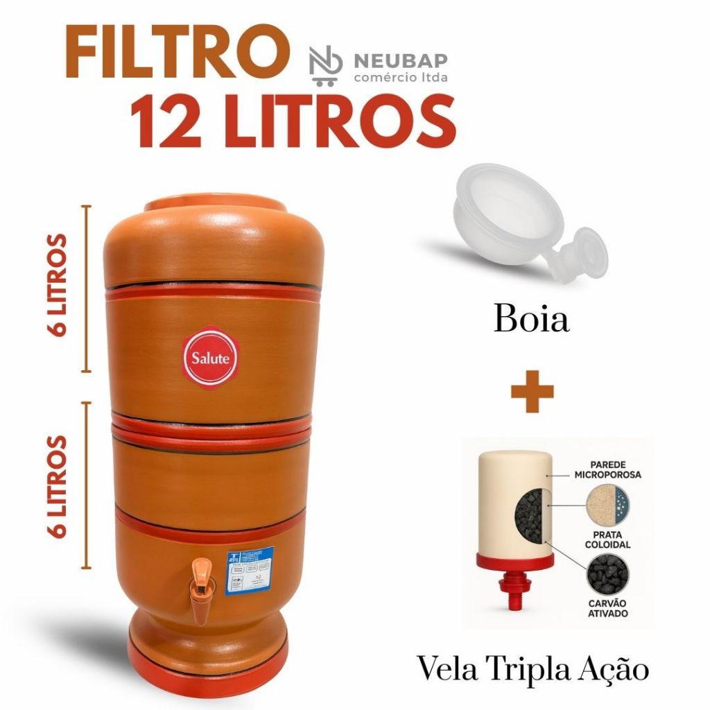 FILTRO DE BARRO PURIFICADOR DE ÁGUA 12 LITROS + VELA TRIPLA AÇÃO + BOIA REGULADORA