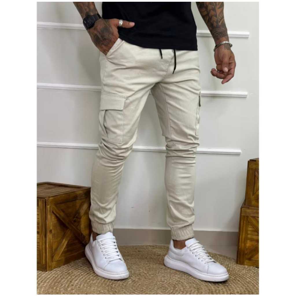 Calça Jogger Masculina Sarja Slim com Elástico e Cordão