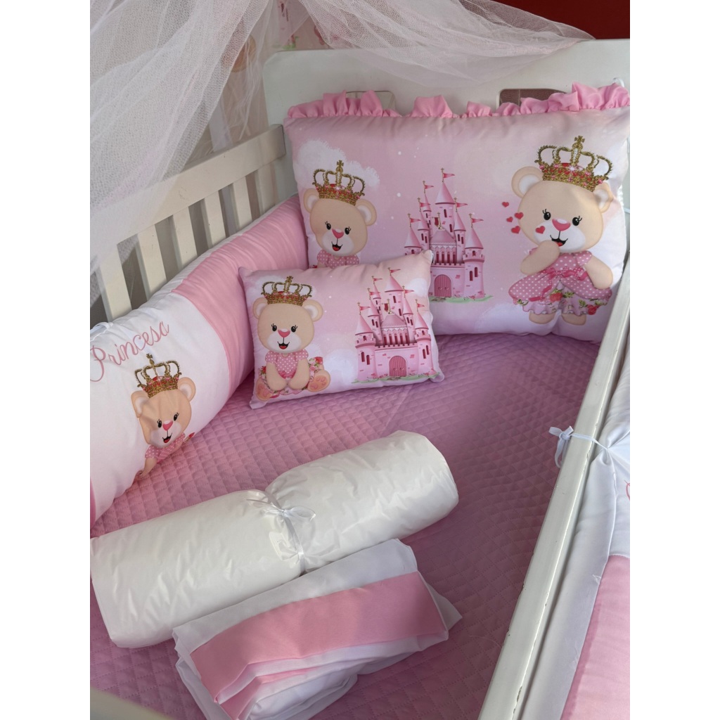 Kit Berço Menina Ursa Princesa Castelo Rosa