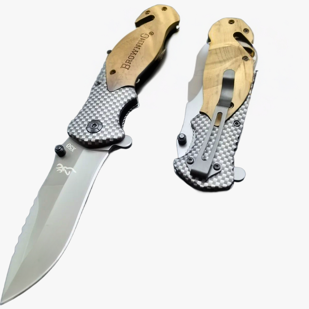 Browning Canivete X50: Lâmina aço inoxidável cabo fibra carbono madeira Design robusto sofisticado