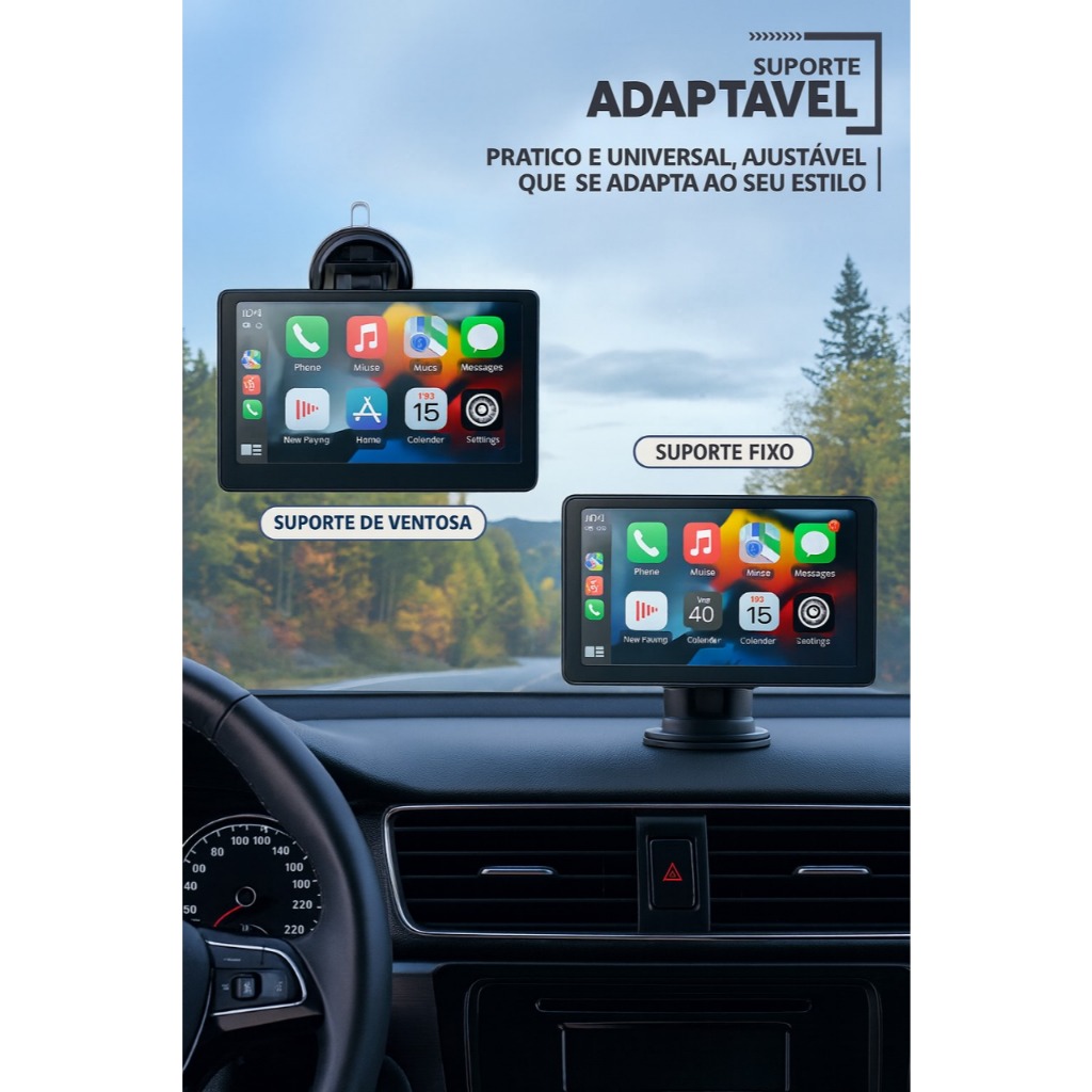 Tela central Multimídia Universal 7" CarPlay Android iOS • Bluetooth • GPS • Espelhamento Celular