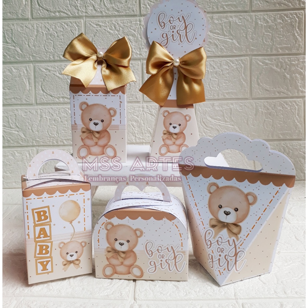 Kit de Caixinhas Personalizadas da  Chá de Bebê/Chá Revelação Dourado | Lembrancinhas | para festa / PEGUE E MONTE