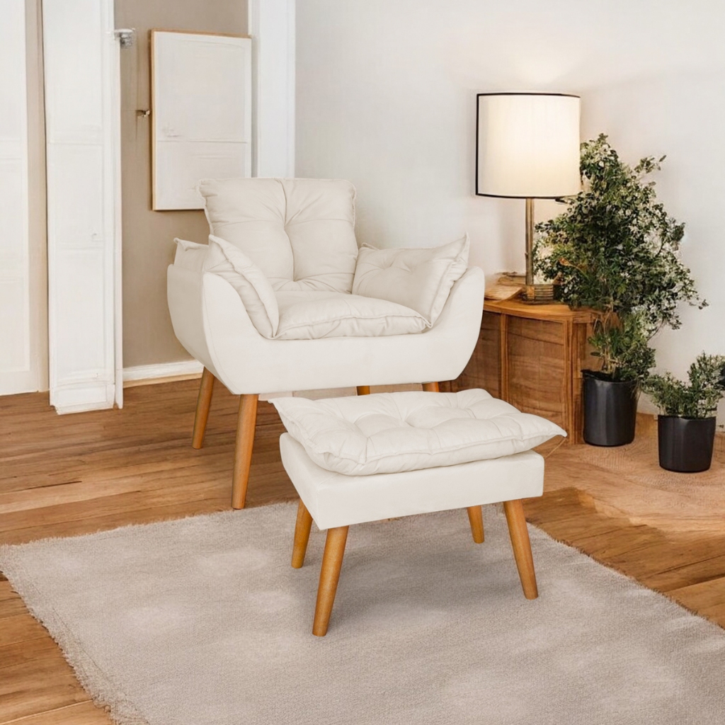 Kit poltrona mais puff deluxo pes palito suede bege poltrona para amamentação opala