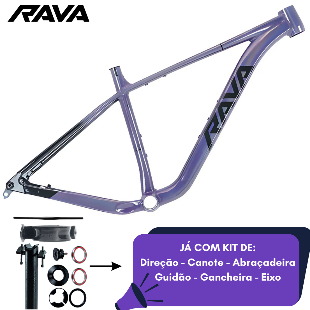 Quadro Rava Cave Boost Aro 29 Aluminio Cabeamento Interno Com Kit Canote Guidão Mountain Bike MTB