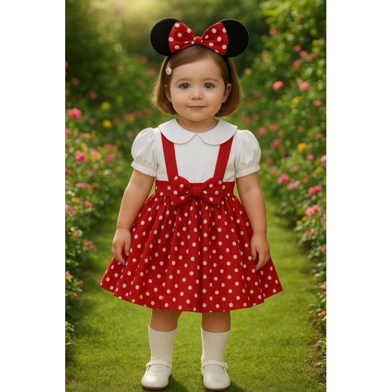 Conjunto Infantil Menina Salopete Minnie Com Laço E Blusa Vestido Jardineira Festa Casual Premium