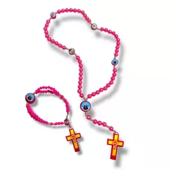 Kit Terço E Pulseira Infantil Varios Santos Madeira Rosa