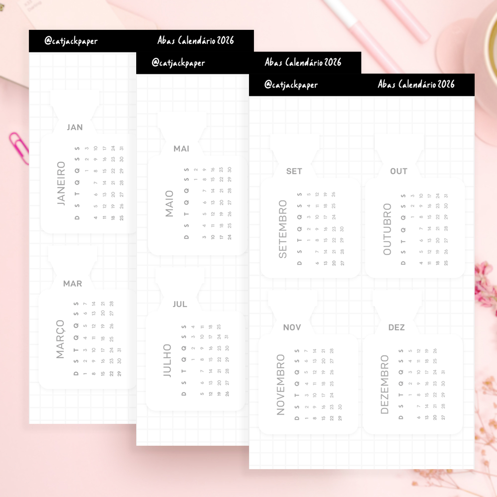 Etiquetas de Abas Mensais com Calendário para Planner e Cadernos | 12 Meses - 2026