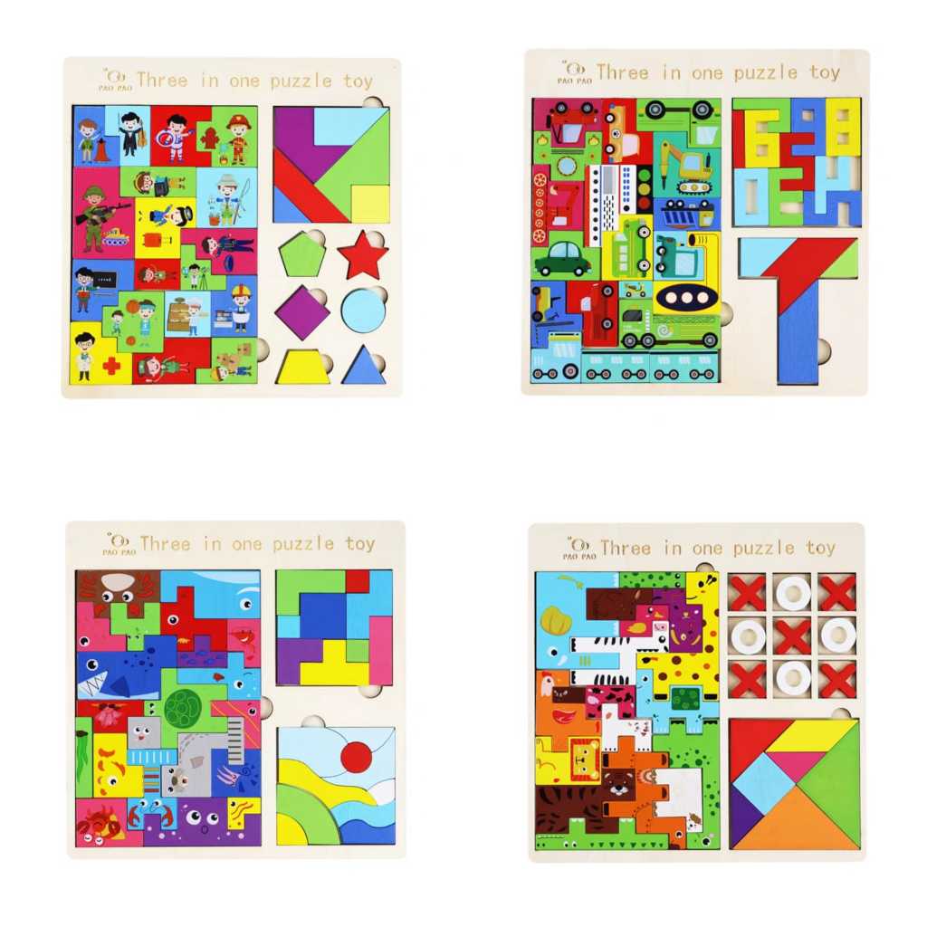 3 em 1 crianças bloco de madeira jogo quebra-cabeça bebê pensandológica educação precoce funtoy mesa treinamento em Oferta na Shopee