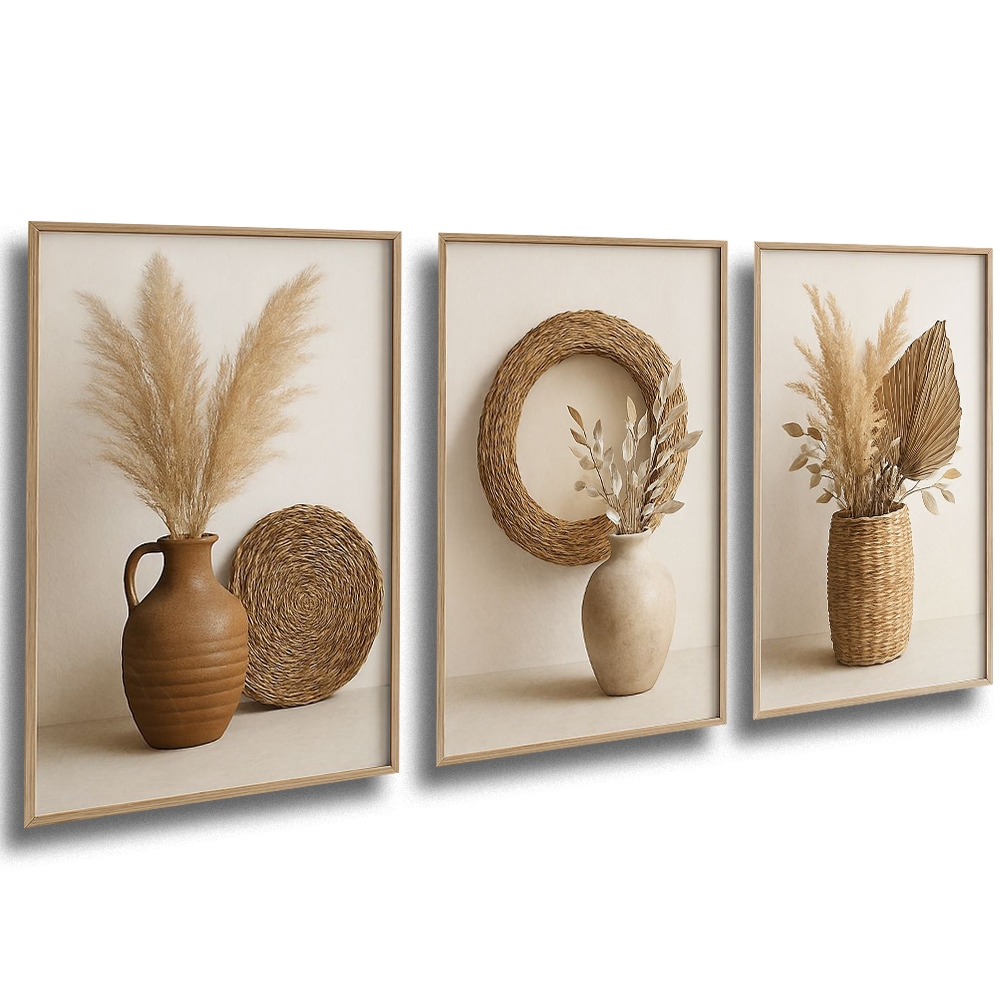 Kit 3 Quadros Decorativos Minimalistas Boho – Vasos, Folhagens e Texturas Naturais em Oferta na Shopee