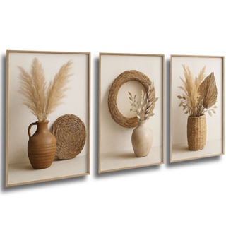 Kit 3 Quadros Decorativos Minimalistas Boho – Vasos, Folhagens e Texturas Naturais em Oferta na Shopee