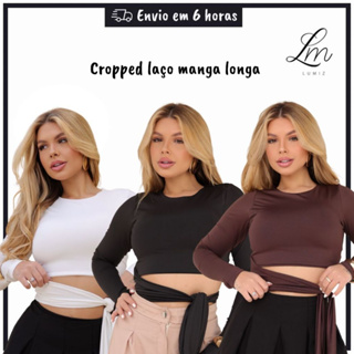 Blusa Cropped Feminino Manga Longa Com Laço Amarração Lateral Suplex Lançamento em Oferta na Shopee