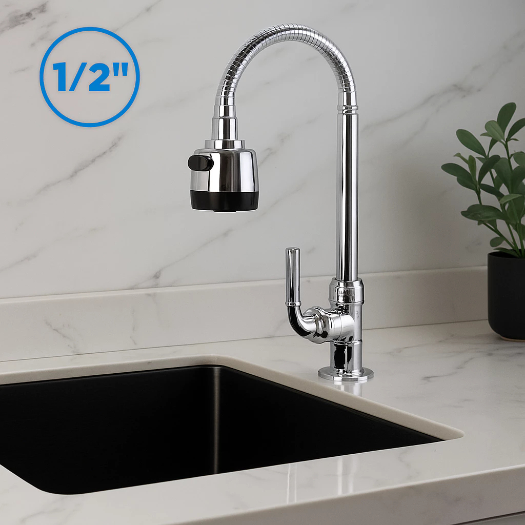 Torneira Cozinha Gourmet Flexível Inox de Parede ou Mesa 1/2'' – Ducha 360° Cromada