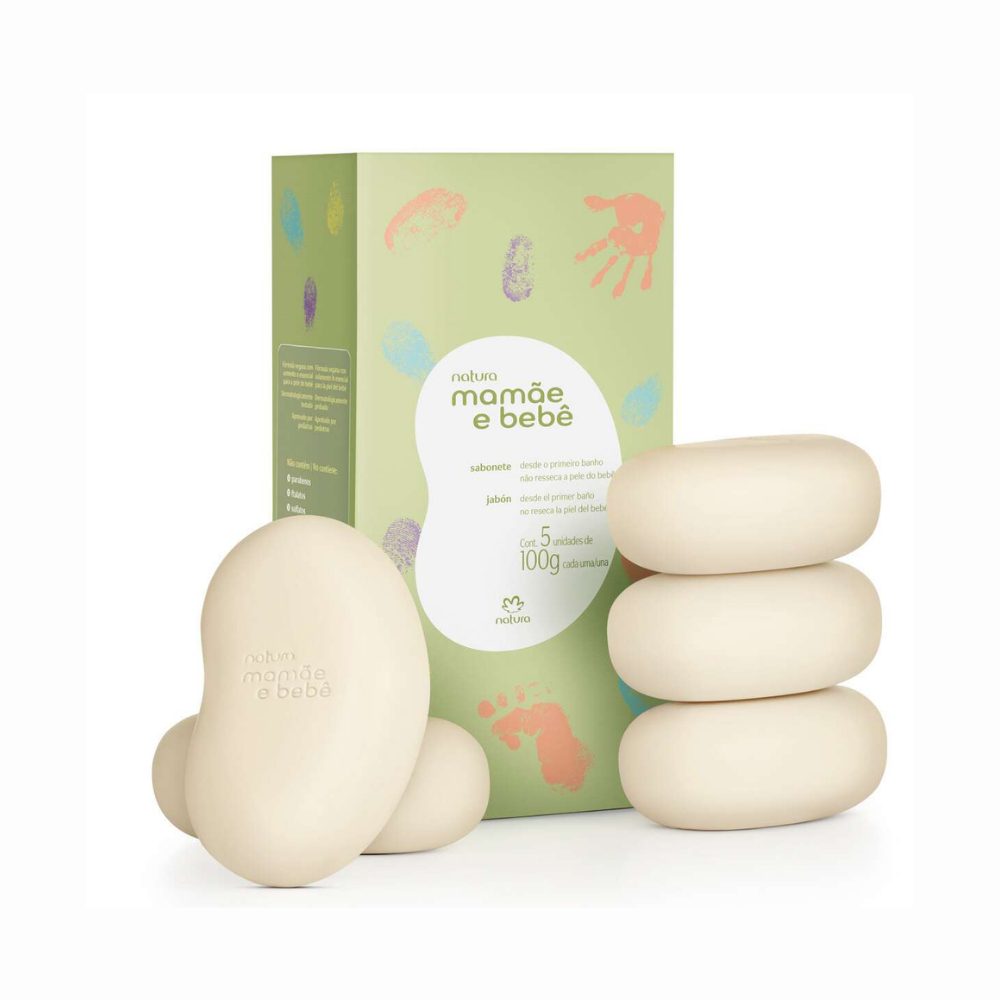 Natura Mamãe e Bebê – Colônia 100ml / Sabonete Caixa 5 un / Sabonete com Porta Sabonete – Original.