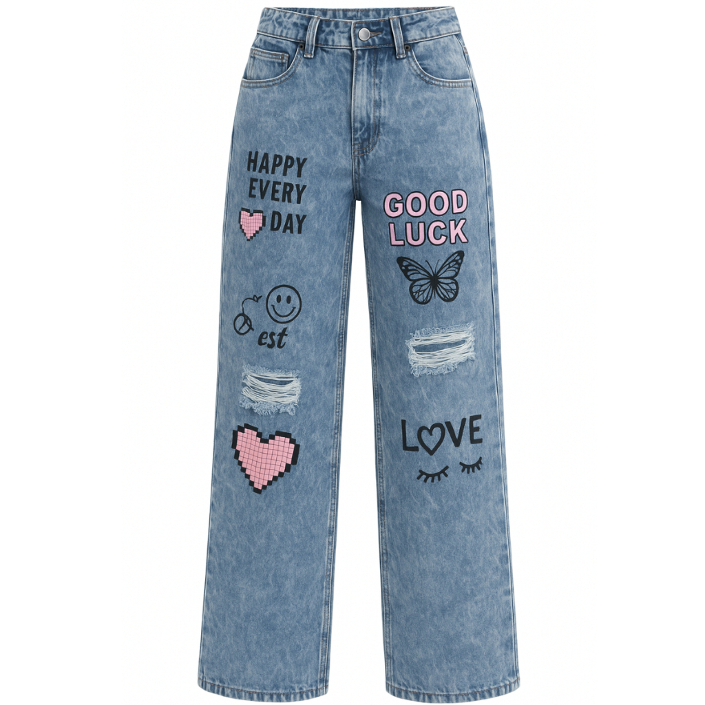 Calça Jeans Wide Leg Pantalona Infantil Juvenil Calça Folgada Lançamento Estampada Capivara