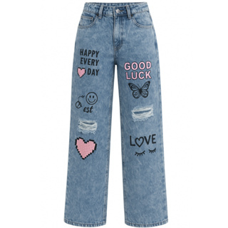 Calça Jeans Wide Leg Pantalona Infantil Juvenil Calça Folgada Lançamento Estampada Capivara em Oferta na Shopee