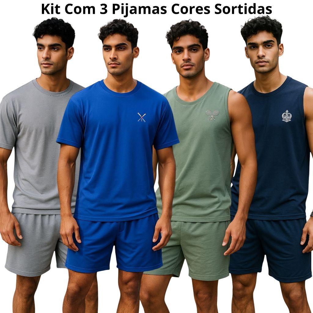 Kit com 3 Pijamas Masculino Regata Verão Adulto em Malha de Qualidade Azul, Verde ou Cinza