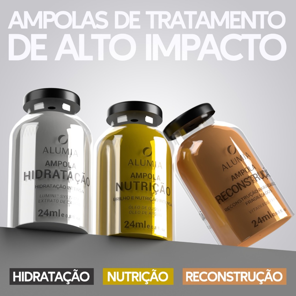 Kit 3 Ampolas Alumia -Cronograma Capilar Hidratação Nutrição Reconstru -Tratamento Completo E Intenso 3x24m
