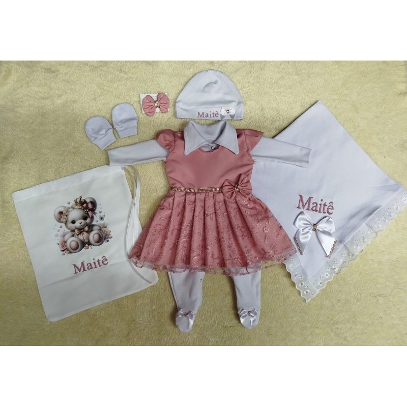 Saida de Maternidade Menina Luxo Personalizada Rose Floral Renda