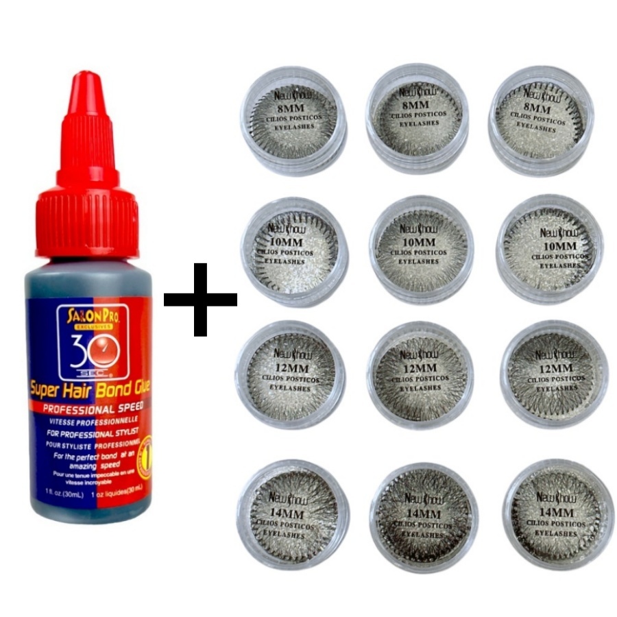 Conjunto De Super Cola 30ml Salon Pro + NEW SHOW Cílios em Tufo Potinho - Com Nó