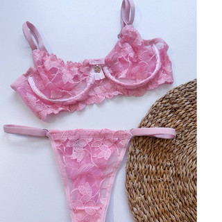 Conjunto Tule Love Transparente Sutiã Bordado Formas E Calcinha Fio Dental Conjunto Sensual.