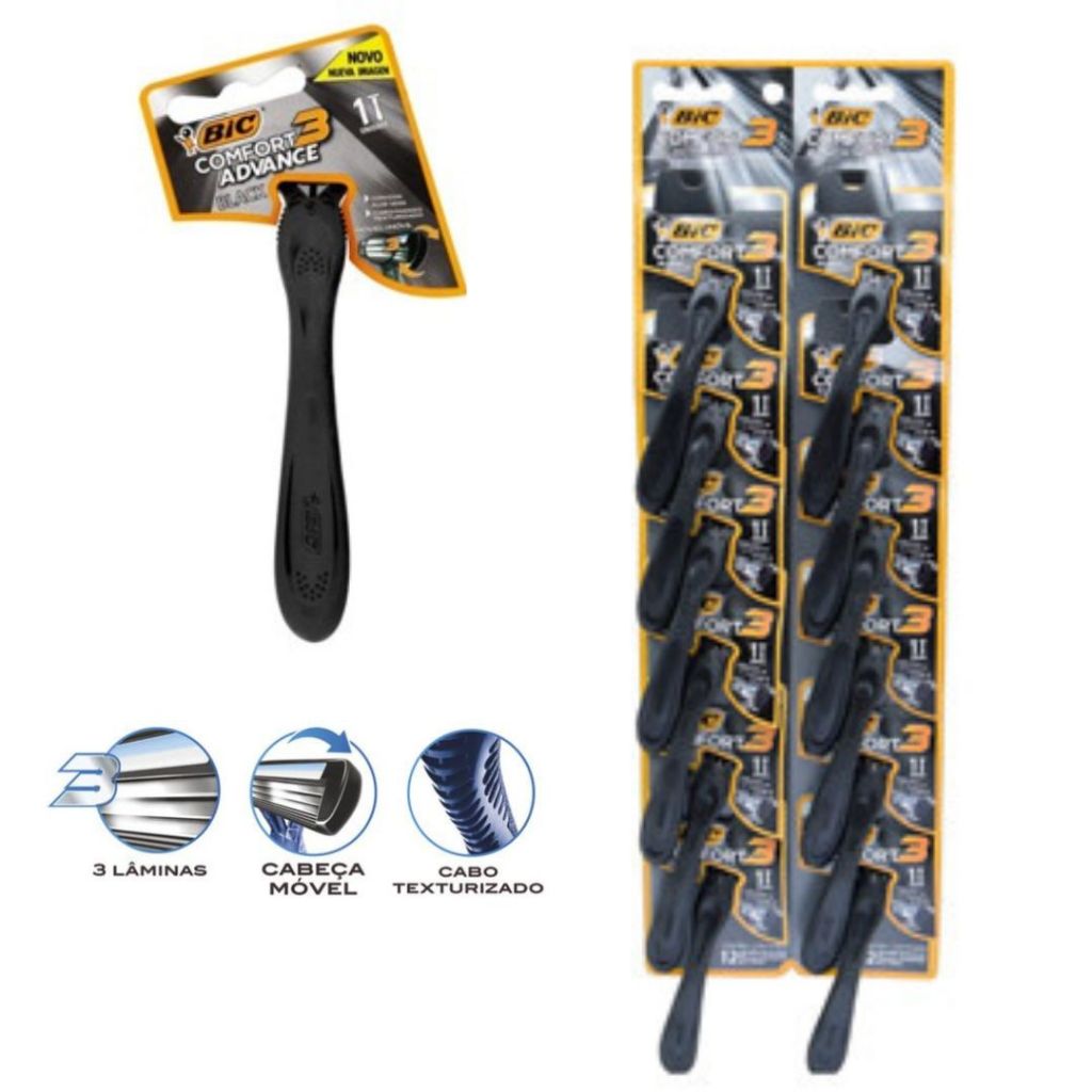 Aparelho de Barbear BIC Comfort 3 Black – Cartela com 12 Unidades | Móvel