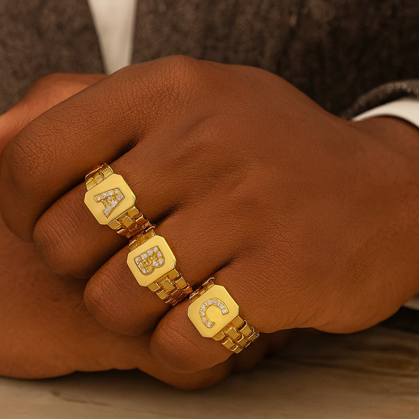 Anel Masculino de Letra Cravejado de Zirconia Ajustável Banhado A Prata 925 ouro 18k em Oferta na Shopee