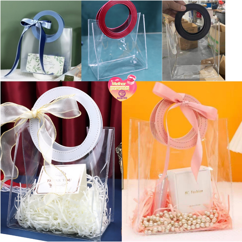 10 Bolsas de Presente Transparentes Alça Redonda Embalagem Para Lembrancinha Festa e Natal Ano Novo Varias Tamanhos em Oferta na Shopee