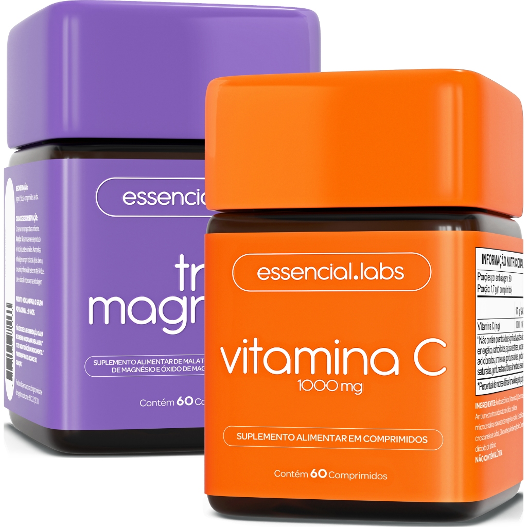 KIT TRI MAGNÉSIO contendo DIMALATO, BISGLICINATO e ÓXIDO DE MAGNÉSIO - 60 comprimidos + VITAMINA C 1000mg - 60 doses